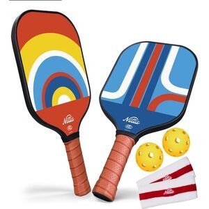 Nettie Retro Pickleball Set - 2 paddles 2 balls 2 seeatbands + instructions